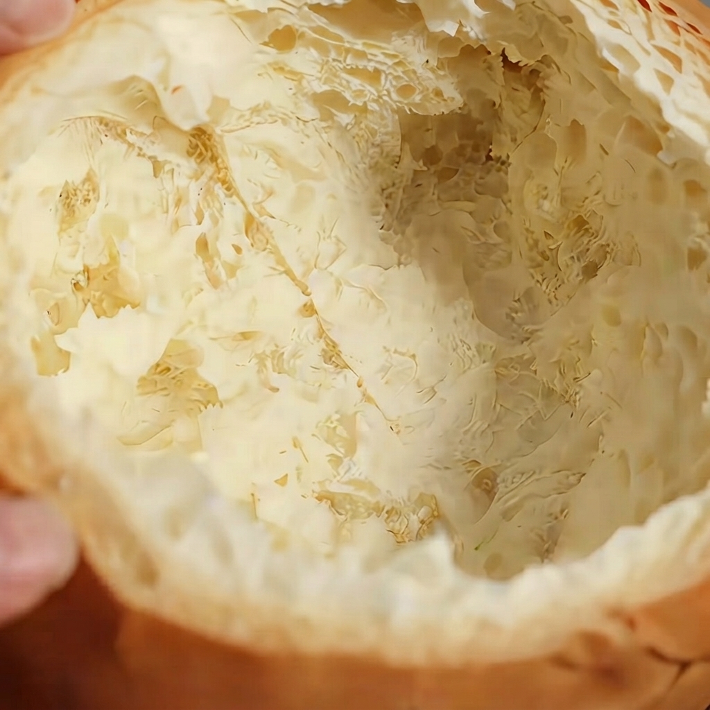 Una vista ravvicinata dellinterno di una pagnotta artigianale scavata pronta per essere riempita di zuppa.