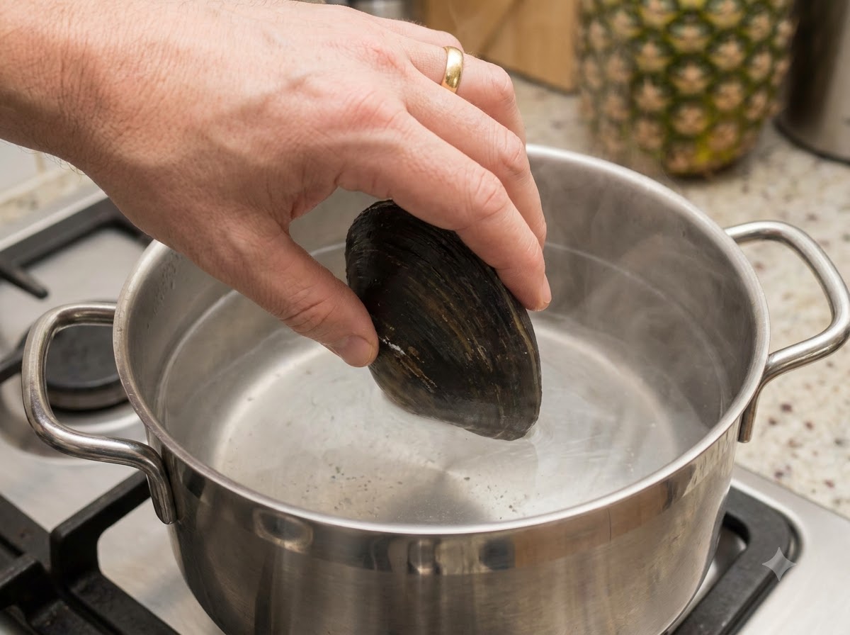 Vongole e cozze labbro verde messe in acqua bollente in una pentola capiente.