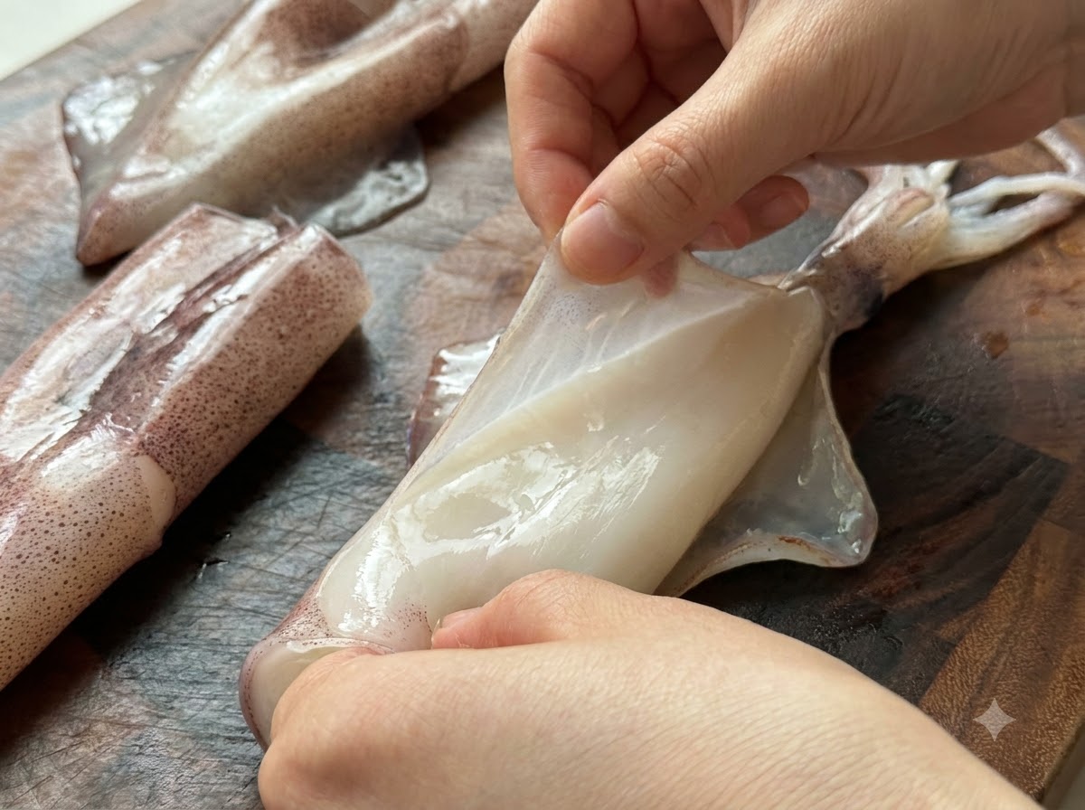 Mani che pelano la pelle esterna violacea di un calamaro fresco su un tagliere di legno.