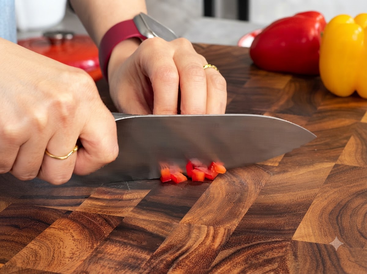 Peperoni rossi e gialli tagliati uniformemente a cubetti con un coltello affilato su un tagliere di legno.