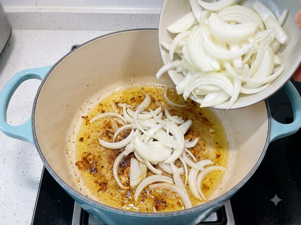 Cipolle affettate versate da una ciotolina in una pentola contenente aglio rosolato e olio.