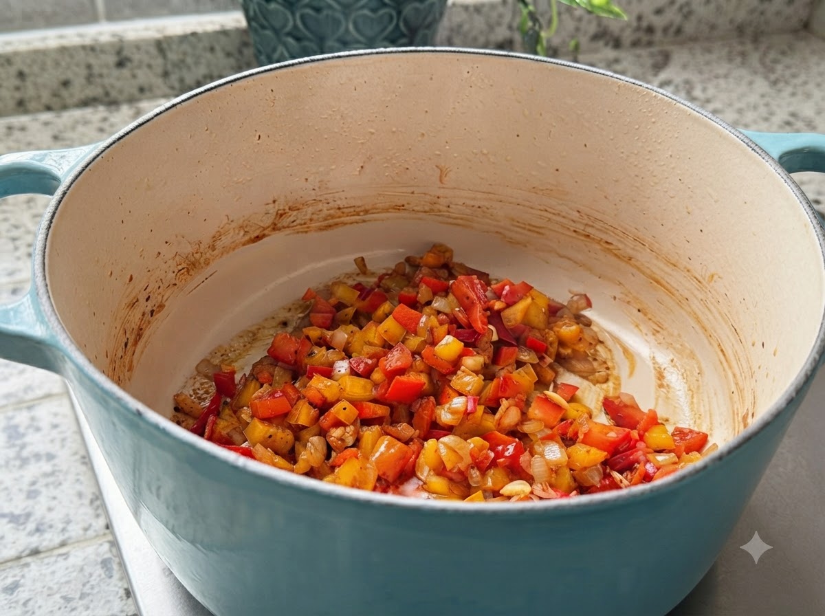Una padella contenente peperoni saltati, cipolle e condimenti dopo che il vino bianco è stato versato e saltato.