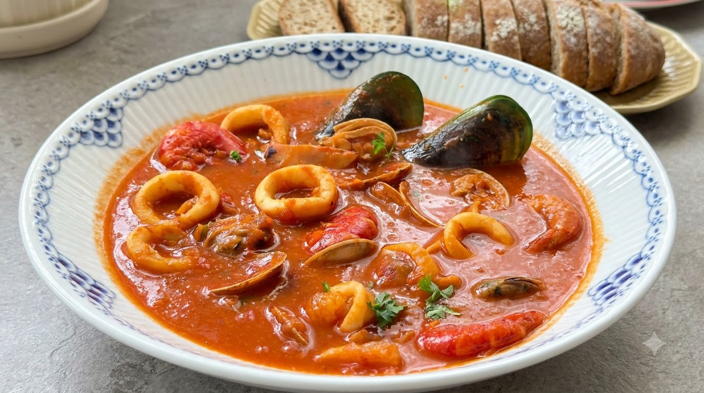 Una ciotola di ceramica riempita con una vibrante zuppa di pesce spagnola rossa contenente cozze, vongole, anelli di calamari e gamberi, guarnita con prezzemolo fresco e servita insieme a pane croccante.