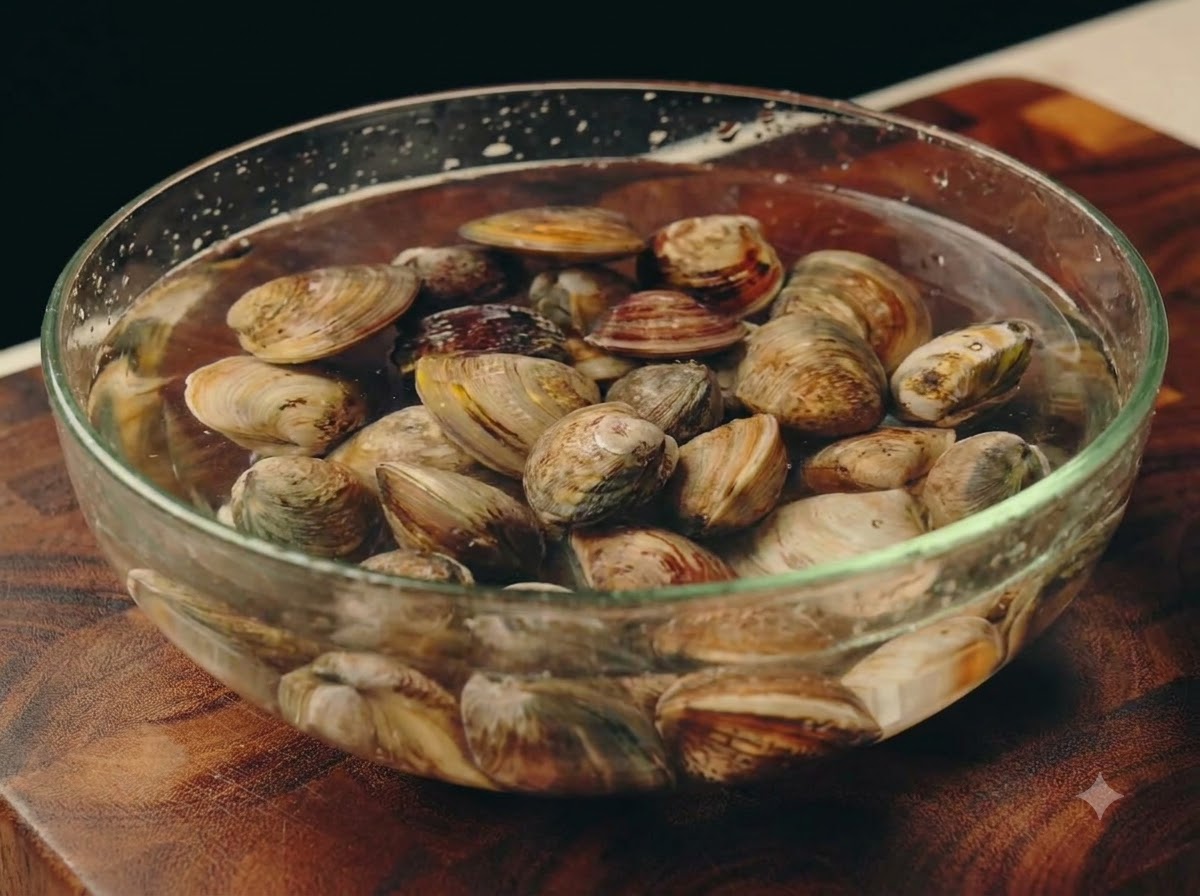 Vongole fresche in ammollo dentro una ciotola di vetro trasparente con acqua su una superficie di legno.