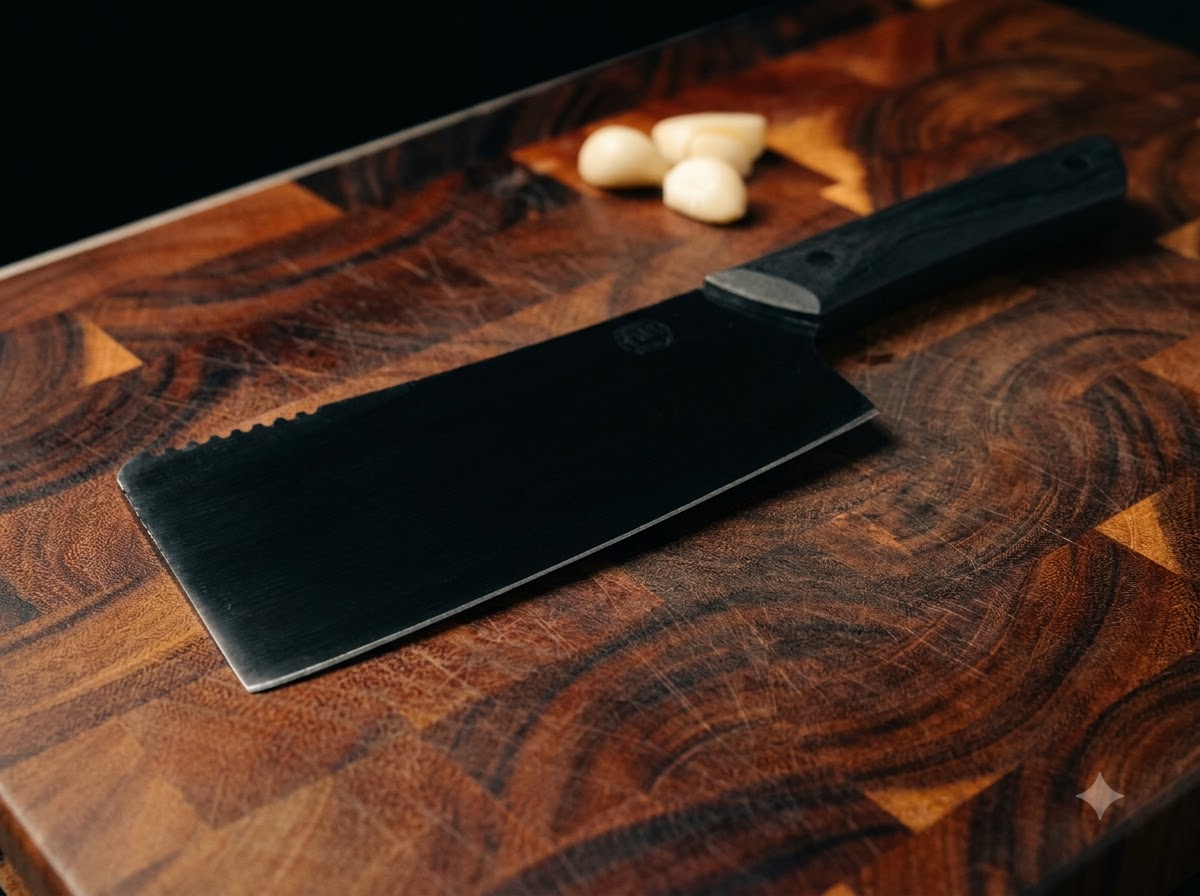 Un coltello da cucina con manico nero che preme su spicchi daglio pelati su un tagliere di legno scuro.