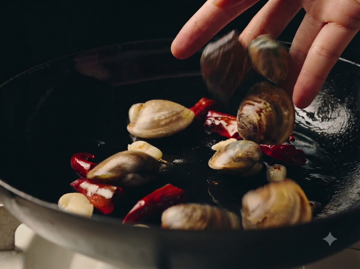 Vongole fresche messe a mano in una padella calda contenente spicchi daglio e peperoncini secchi.