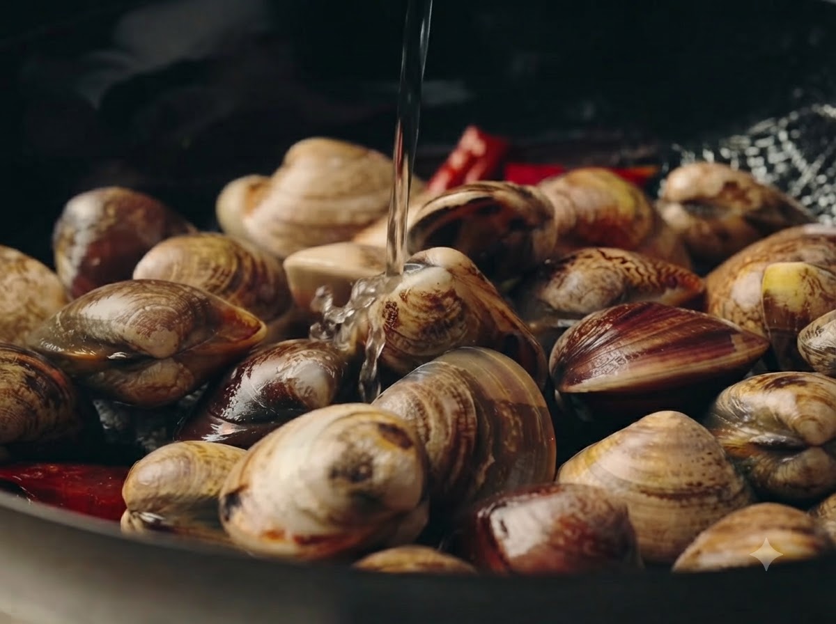 Sakè trasparente versato da un contenitore graduato in una padella piena di vongole e aromi.