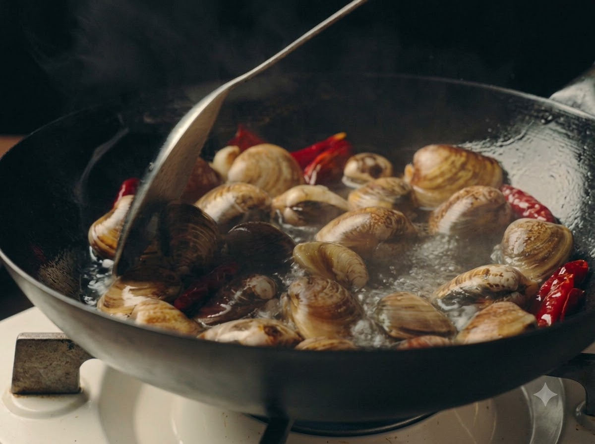 Vongole che sobbollono e si aprono nel brodo in padella mentre vengono mescolate con una spatola di metallo.