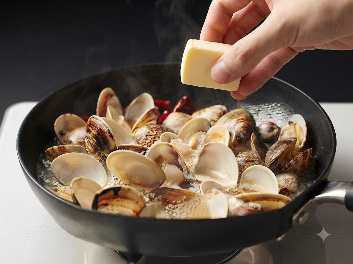 Un piccolo panetto di burro fatto cadere in una padella di vongole e brodo in ebollizione.