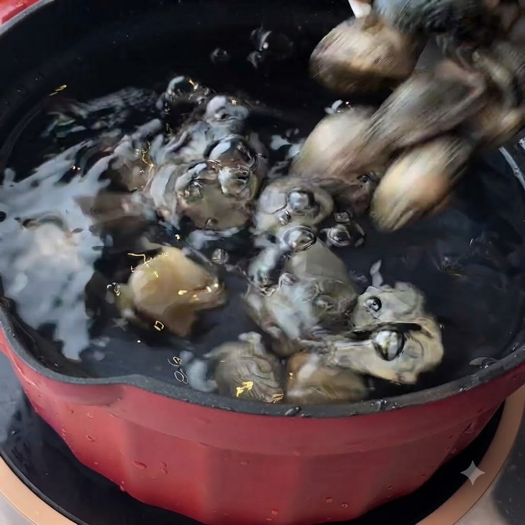 Vongole che vengono aggiunte a una pentola rossa di acqua bollente.