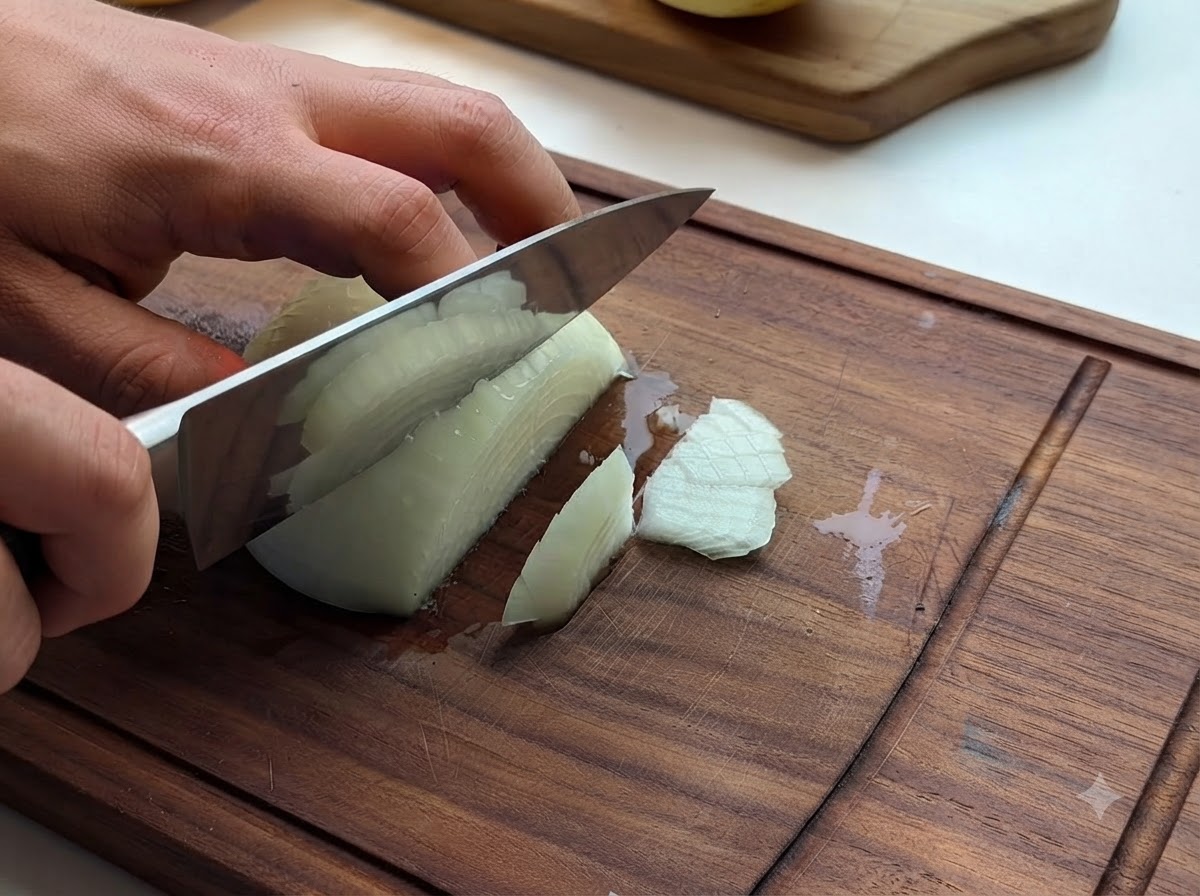Una cipolla che viene tagliata a dadini su un tagliere di legno con un coltello.