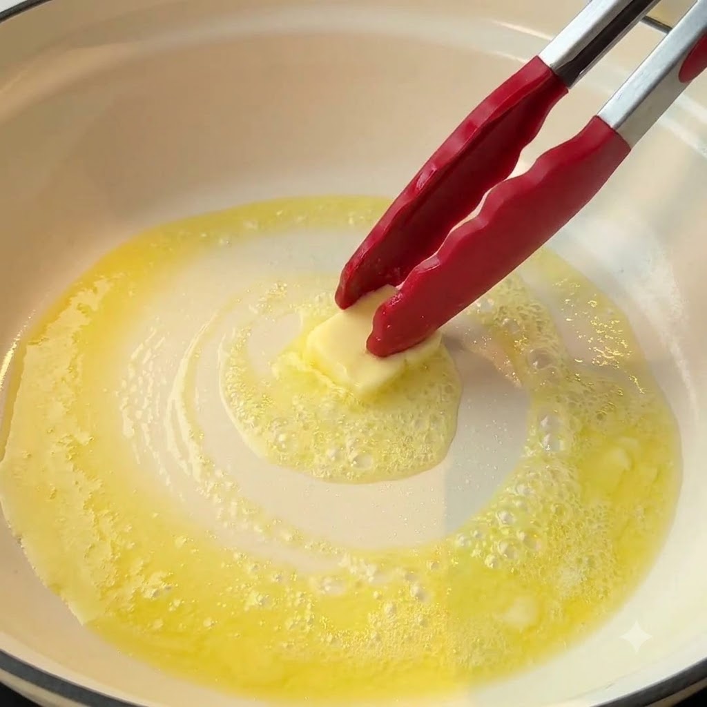 Un pezzo di burro che si scioglie in una padella calda mescolato con pinze rosse.