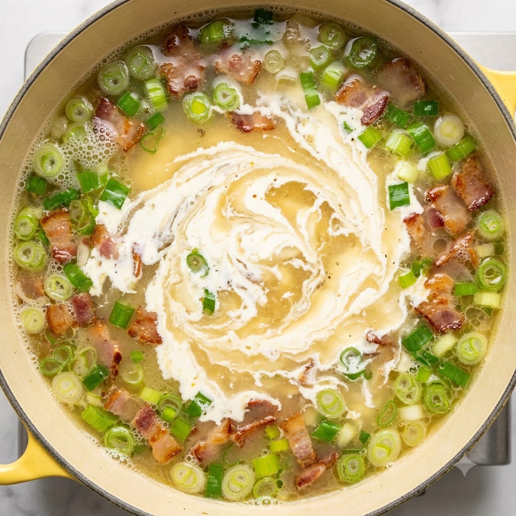Panna fresca fatta roteare nella base di zuppa di verdure in ebollizione.