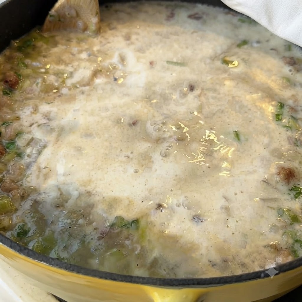 Vongole mescolate nella pentola di zuppa cremosa.