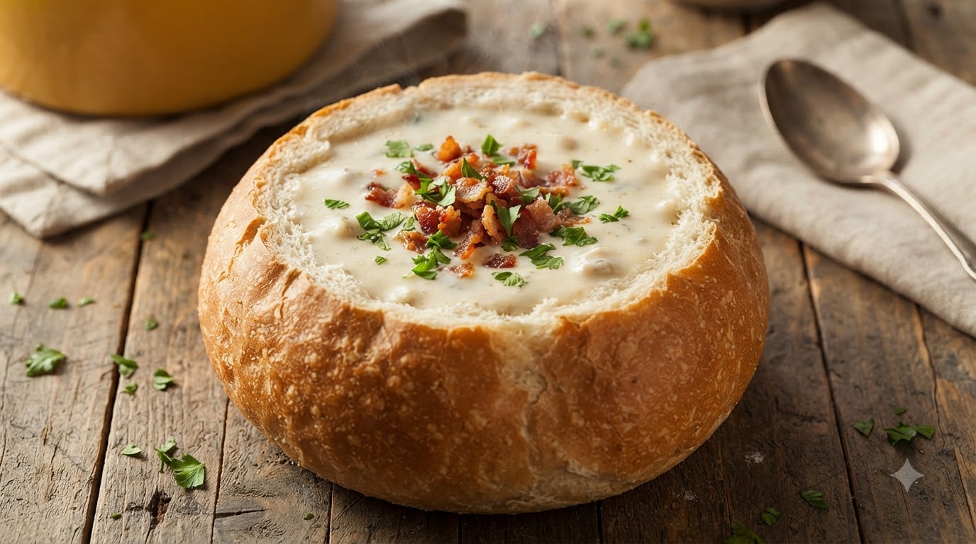 Classica New England Clam Chowder in Ciotola di Pane