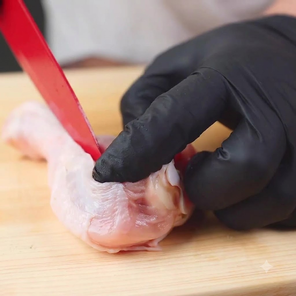 Un piccolo coltello che separa con cura la carne dallosso di un fuso di pollo crudo su un tagliere di legno.