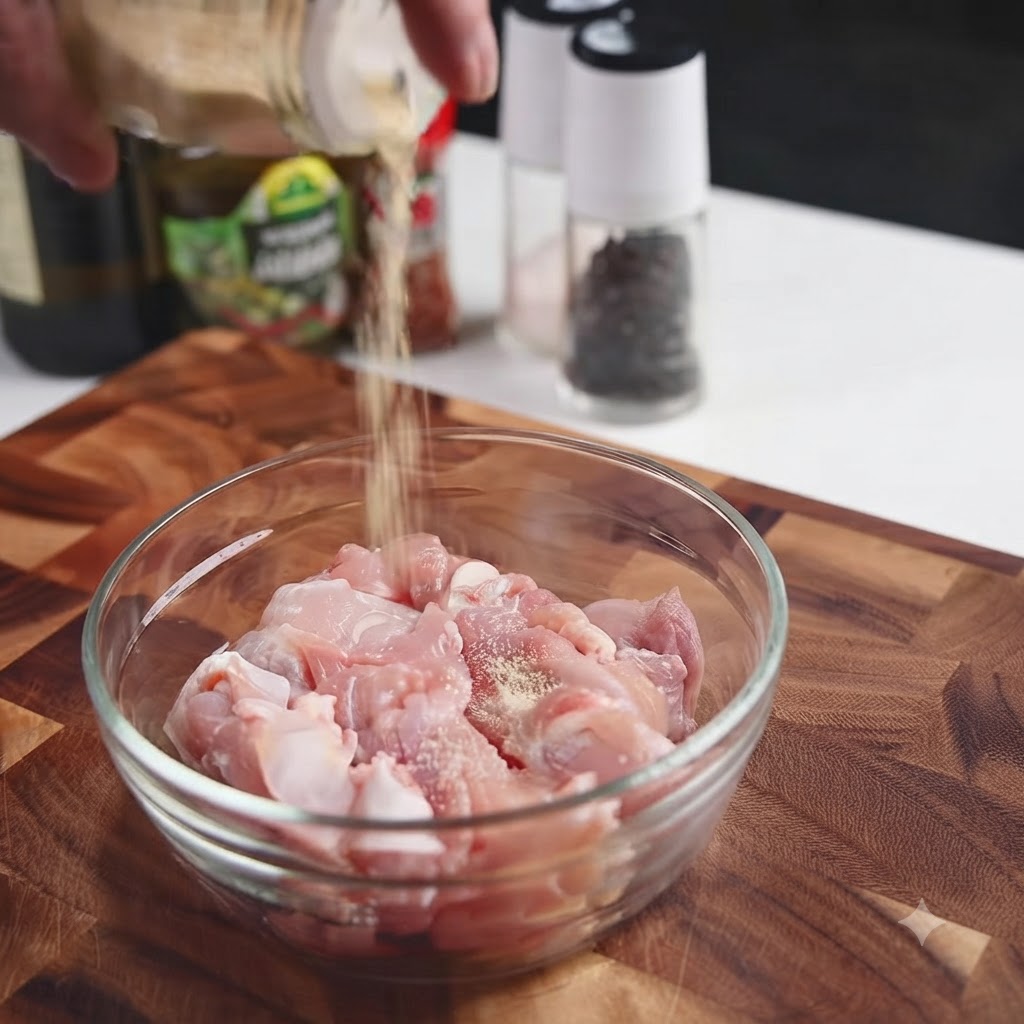 Spezie versate sopra pezzi di pollo crudo sminuzzato allinterno di una ciotola di vetro trasparente.