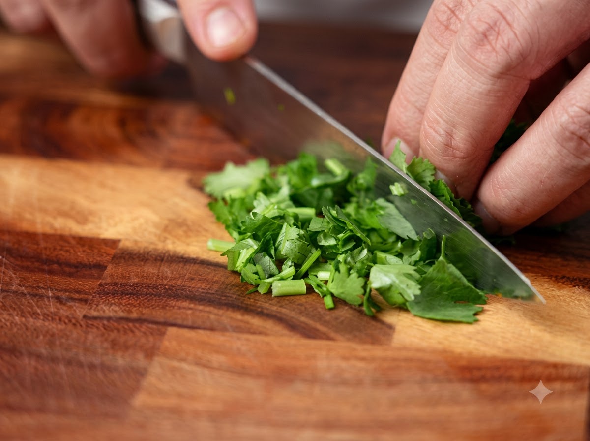 Un affilato coltello da cucina che sminuzza finemente del coriandolo verde fresco su una superficie di taglio in legno.