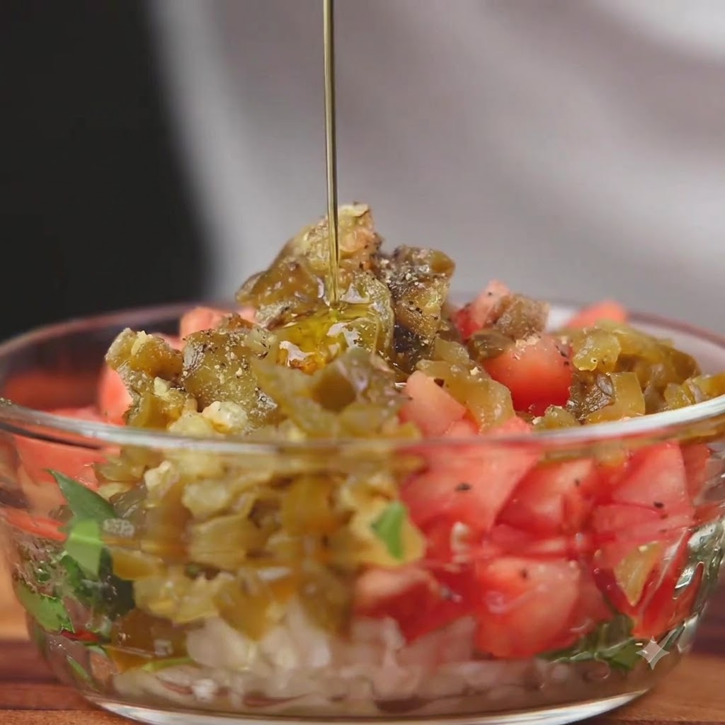 Olio doliva versato su una ciotola appena mescolata di pomodori a dadini, cipolle e peperoncini.