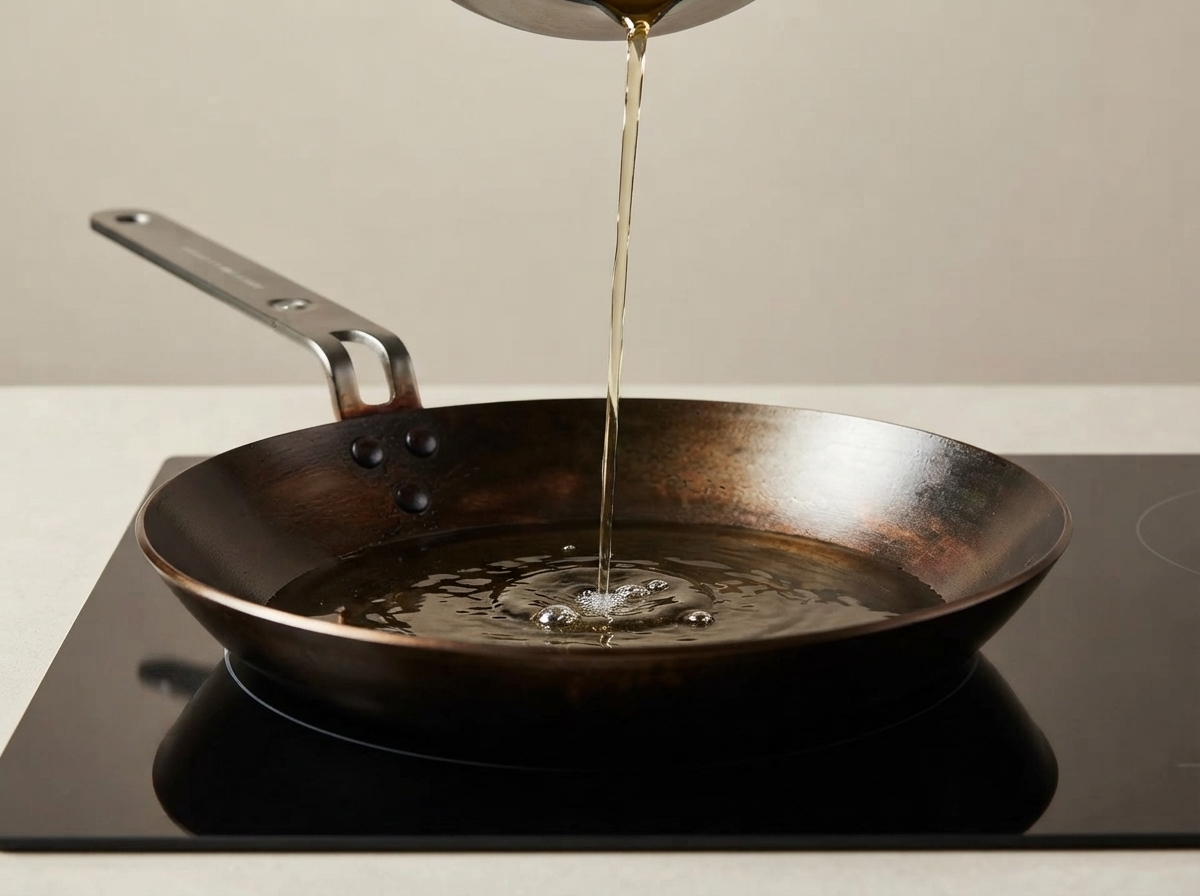 Olio da cucina versato in una padella di metallo scuro calda su un piano cottura.