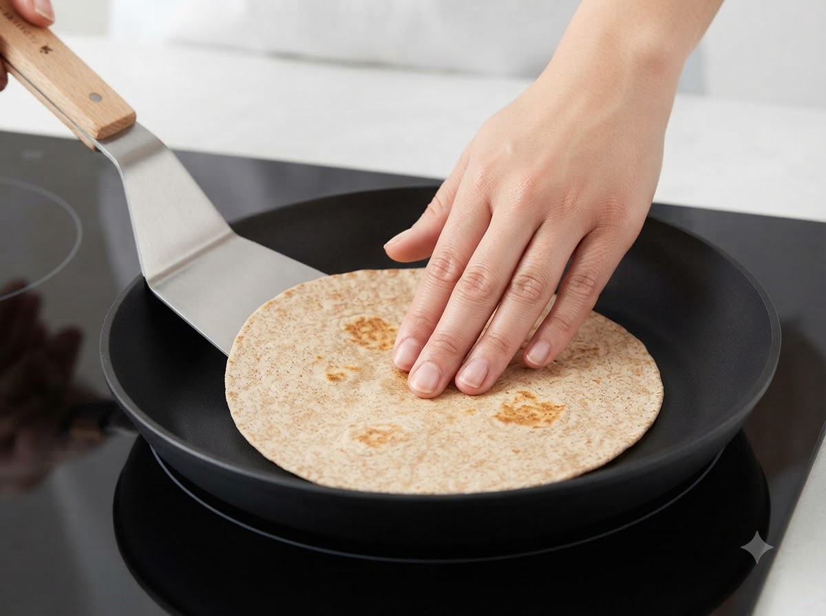 Una mano che preme verso il basso una tortilla di grano integrale mentre si scalda in una padella nera piatta con una spatola.