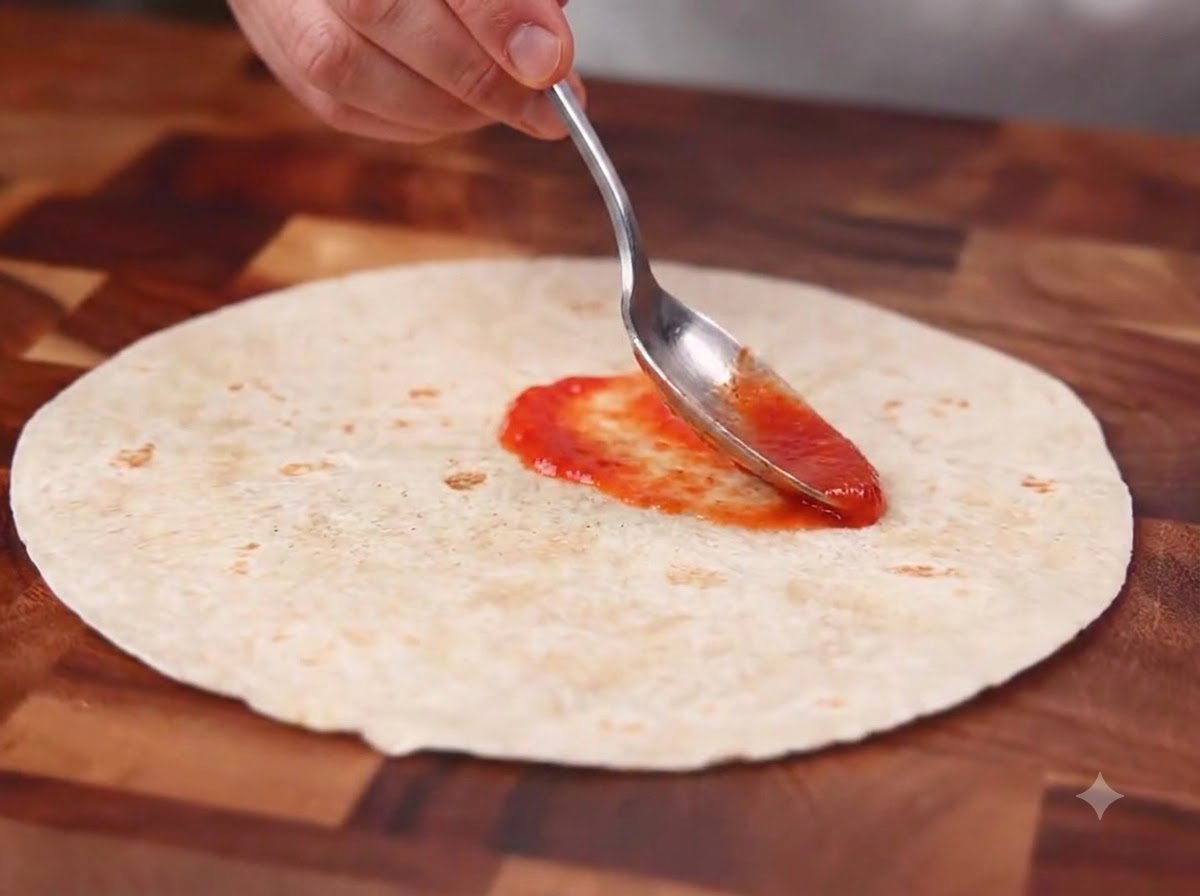 Un cucchiaio di salsa di peperoncino messicana spalmata uniformemente su una tortilla di grano integrale piatta su un tagliere di legno.