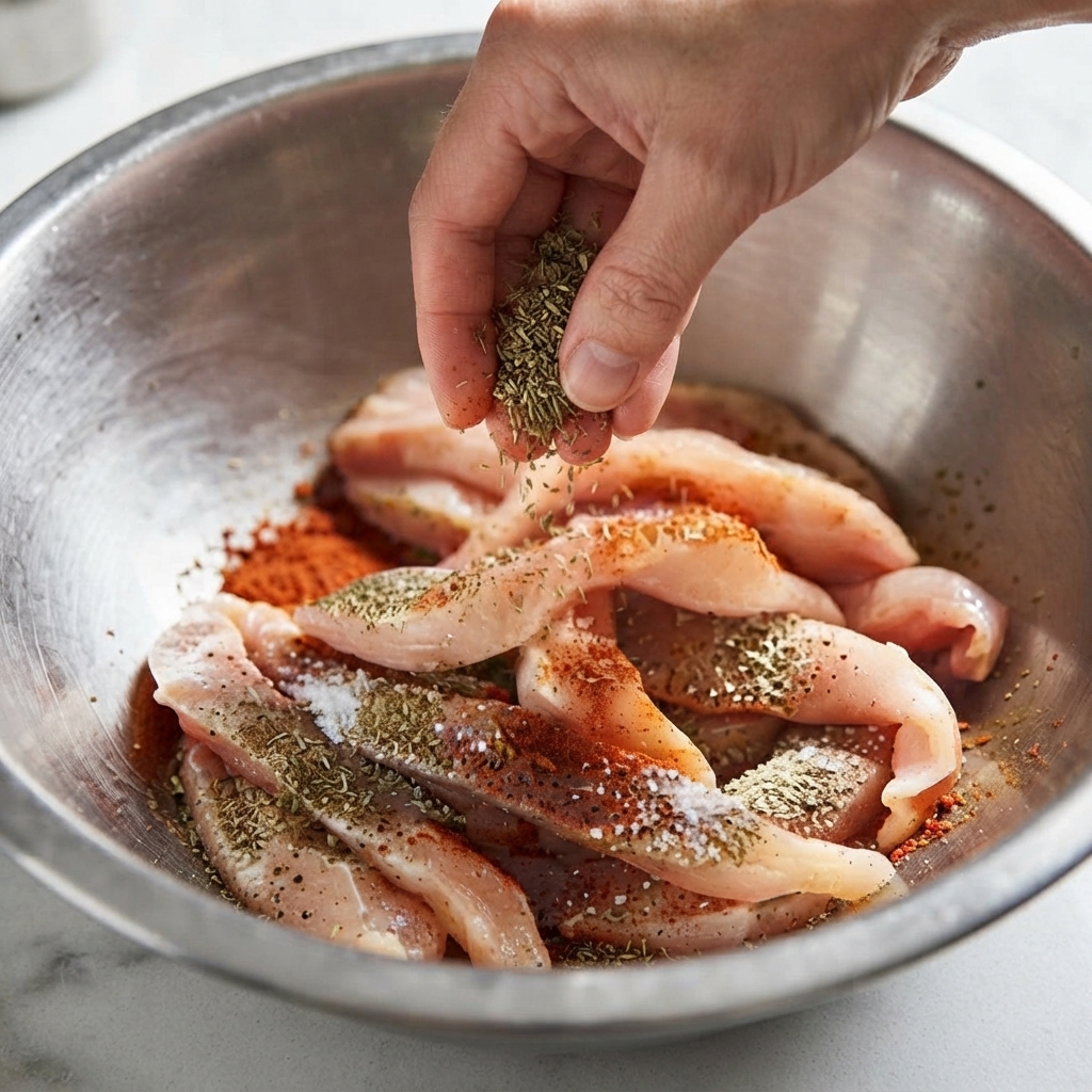 Una mano che mescola strisce di petto di pollo condite con spezie in una ciotola di acciaio inossidabile.