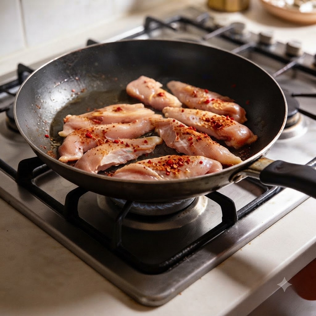 Strisce di pollo condite che friggono in una padella calda su un piano cottura.