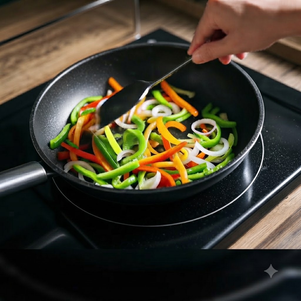 Fette di peperone e cipolle saltate in una padella con una spatola.
