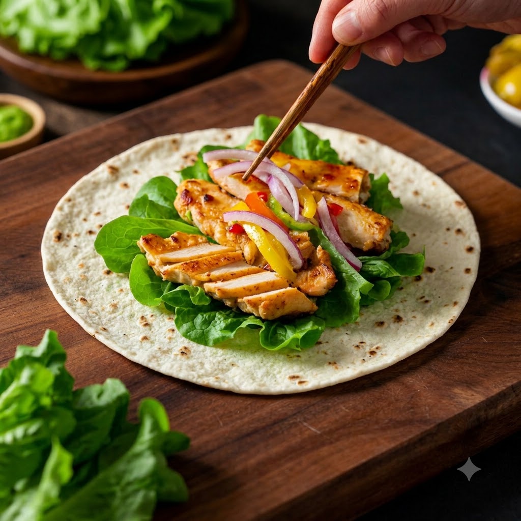 Disposizione di lattuga, pollo cotto e verdure saltate su una tortilla di farina su un tagliere di legno.