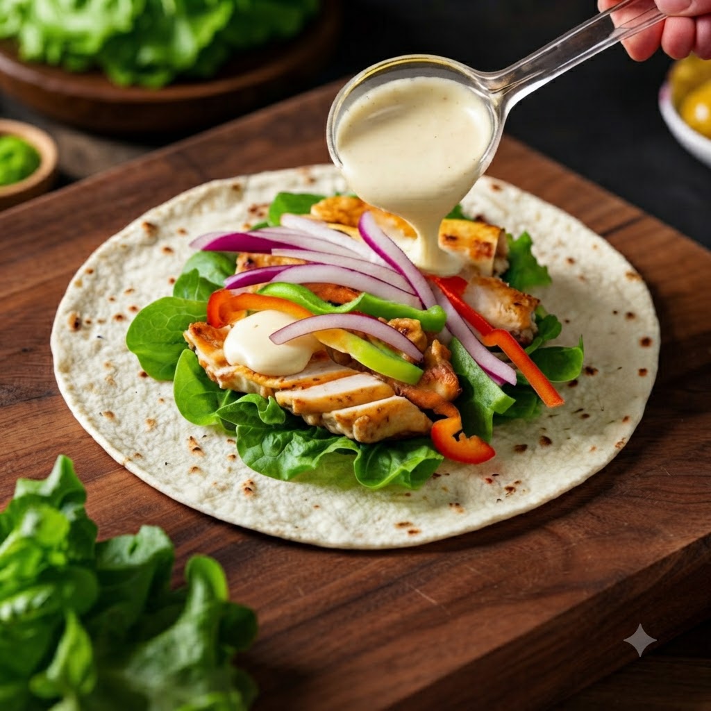 Versare il condimento per insalata da un cucchiaio sul ripieno di pollo e verdure su una tortilla.