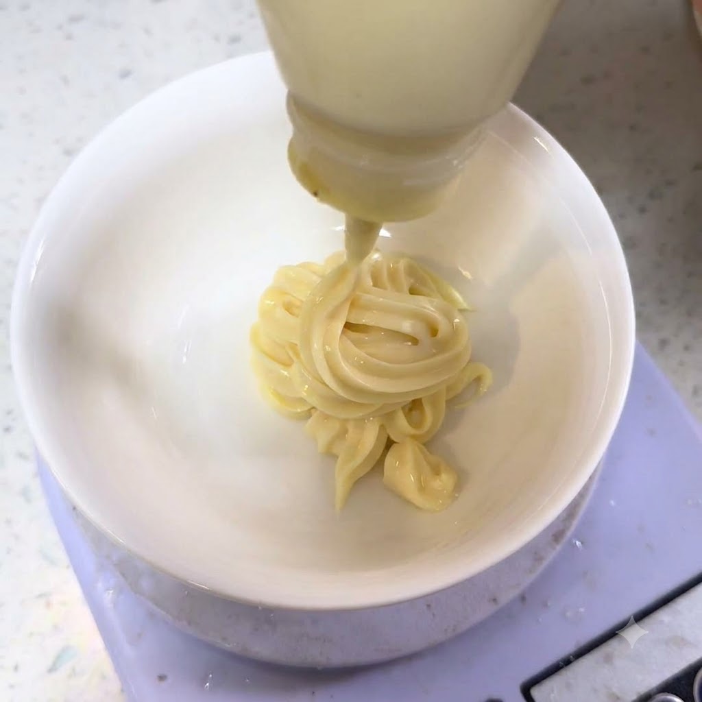 Maionese spremuta da una bottiglia in una ciotola bianca su una bilancia digitale per mescolare la salsa.