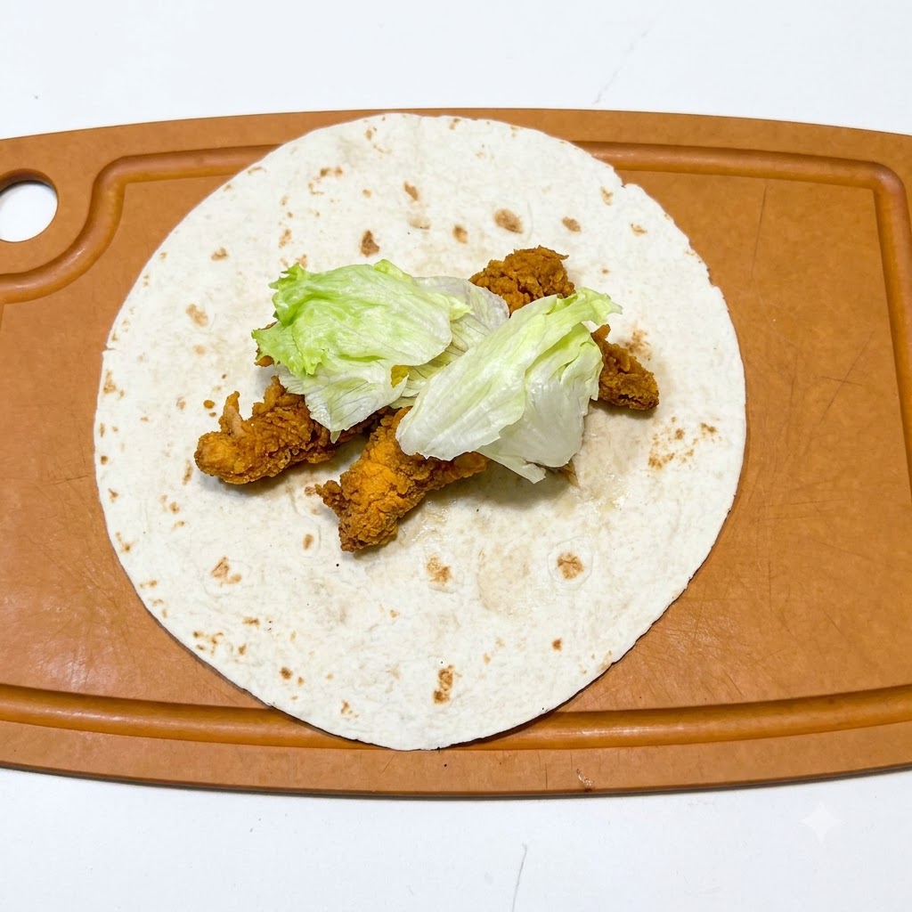 Una tortilla su un tagliere caricata con strisce di pollo cotto e foglie di lattuga verde fresche affettate.