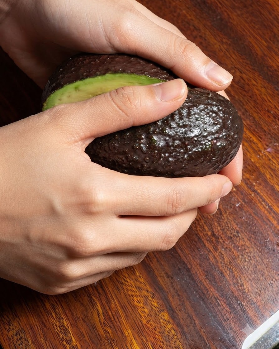 Mani che tengono un avocado maturo tagliato a metà su un tagliere di legno.