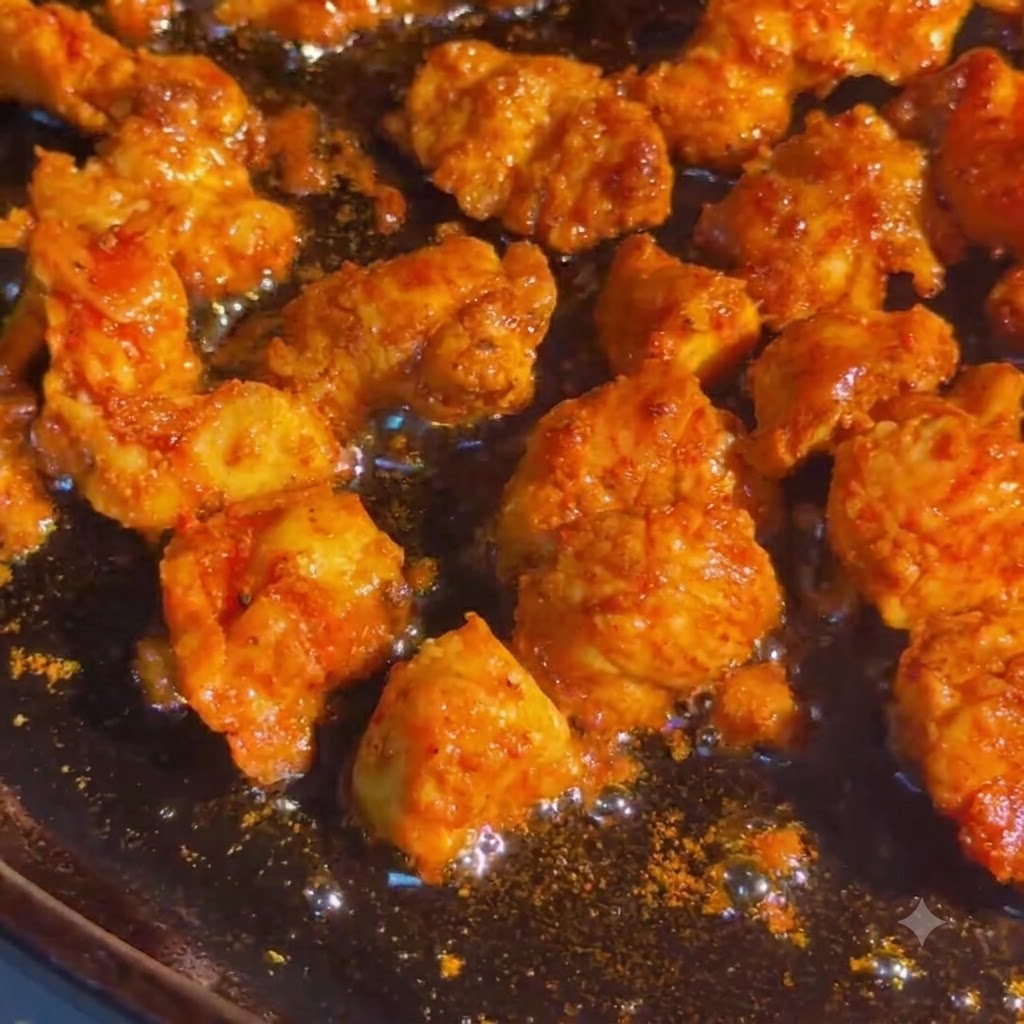 Pezzi di pollo conditi che sfrigolano e cuociono in una padella calda.