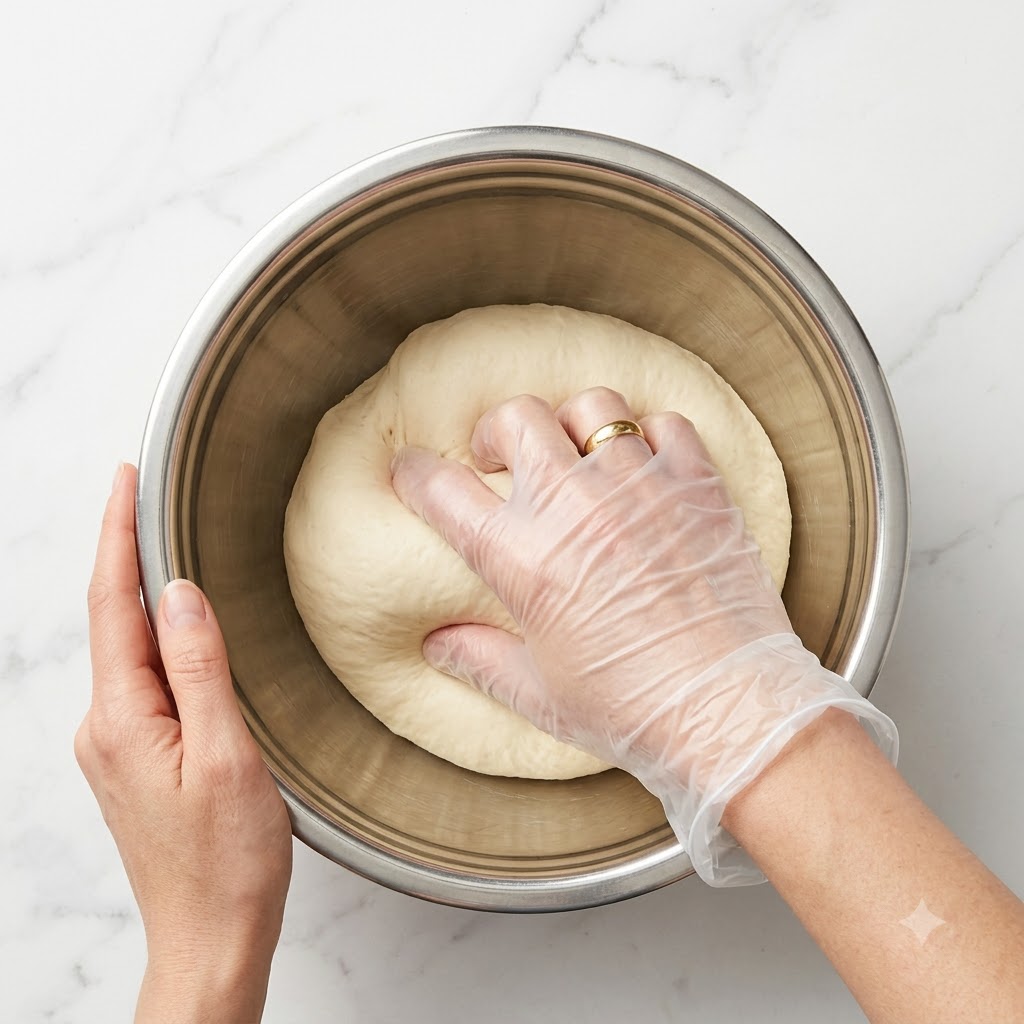 Una mano guantata che impasta allinterno di una ciotola di miscelazione in acciaio inossidabile.