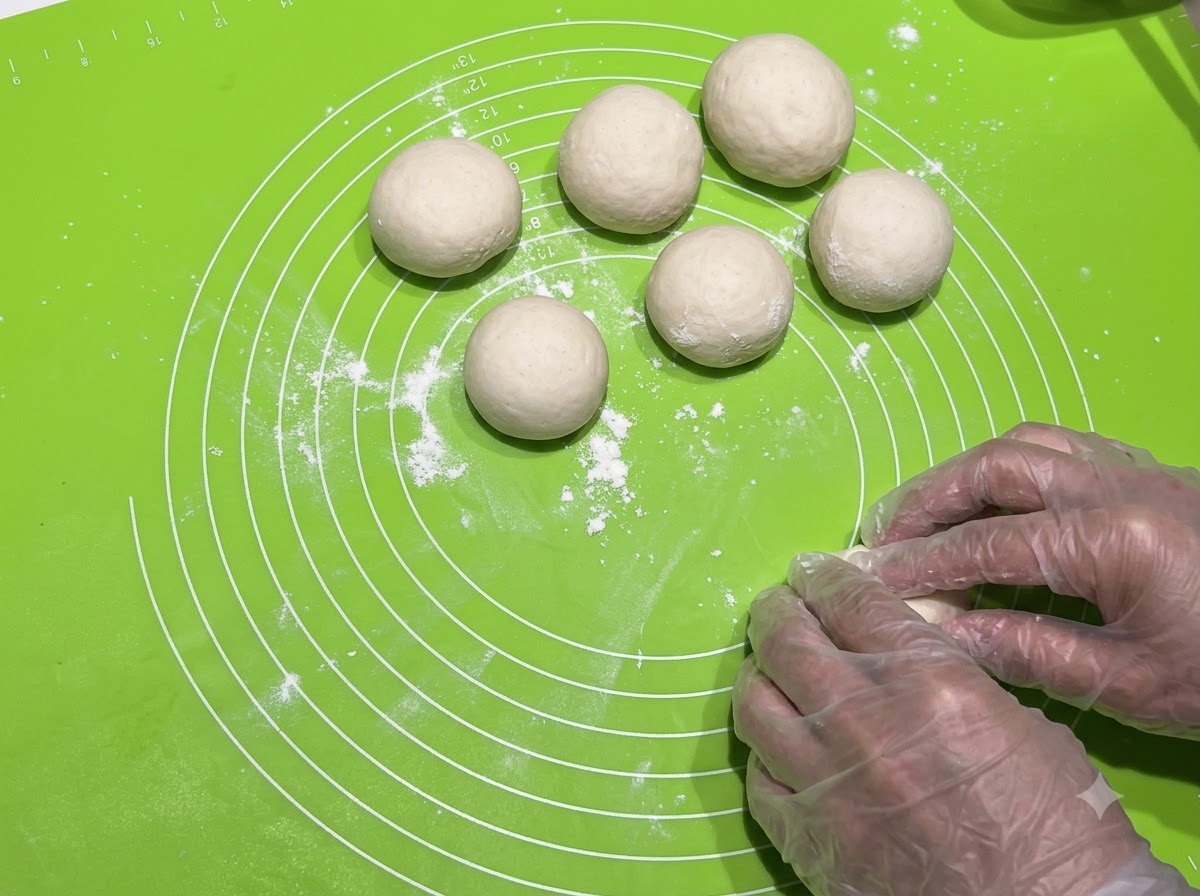 Piccole palline di impasto arrotondate disposte su un tappetino in silicone verde vicino a una mano a riposo.