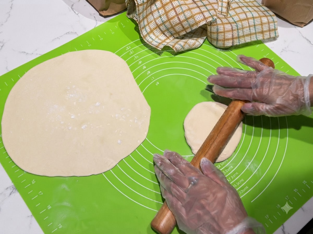 Un mattarello di legno che appiattisce una porzione di impasto su un tappetino in silicone verde accanto a un involucro steso.