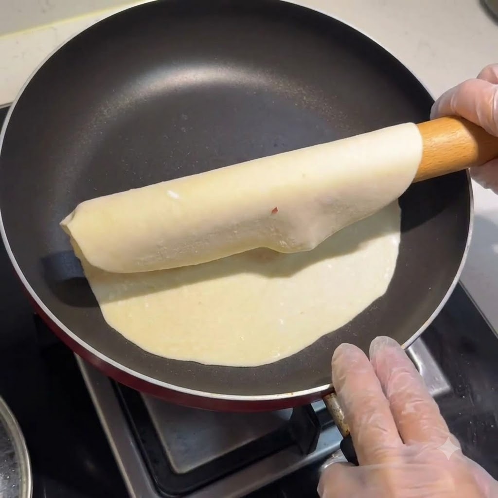 Un involucro di pasta stesa trasferito in una padella asciutta con un mattarello e mani guantate.