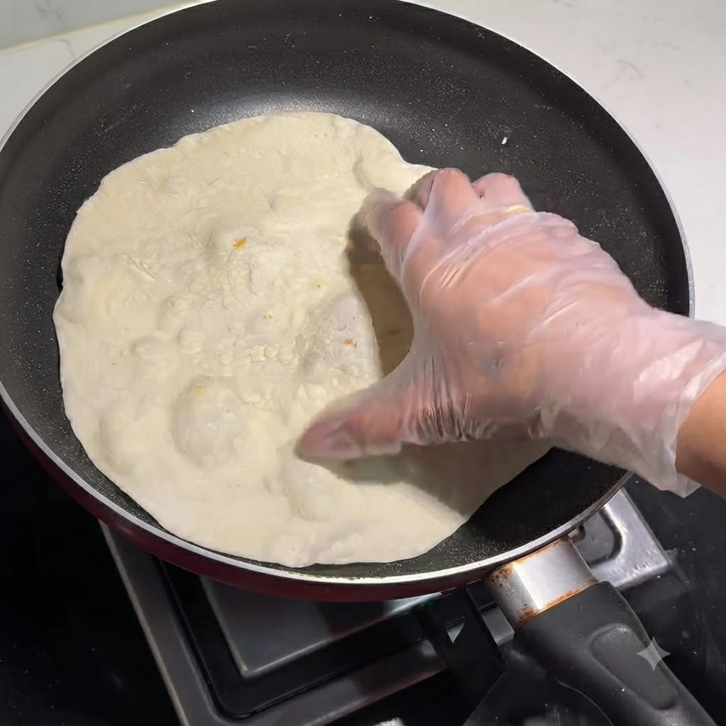 Una mano guantata che preme su una piadina che si gonfia cuocendo in una padella asciutta.