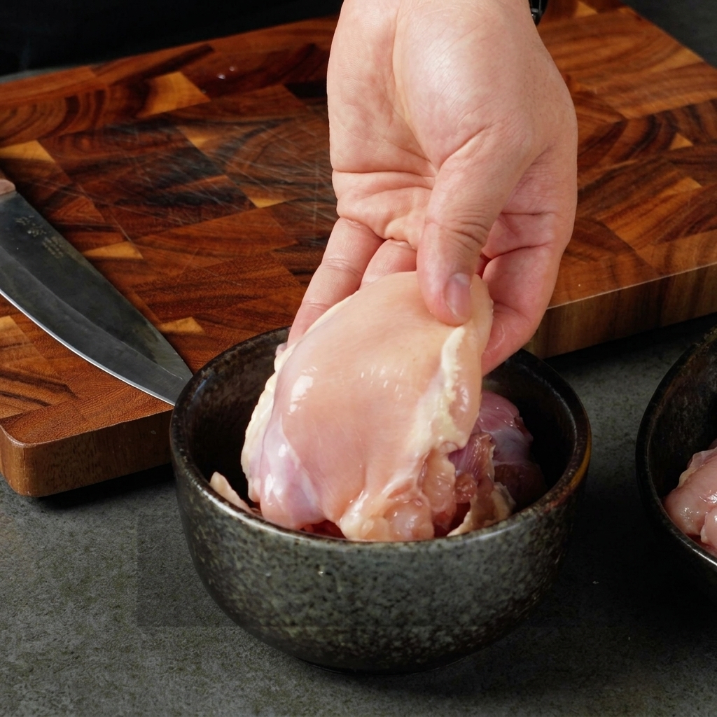 Primo piano di una mano che tiene una coscia di pollo disossata sopra una ciotola, con un tagliere e un coltello sullo sfondo.