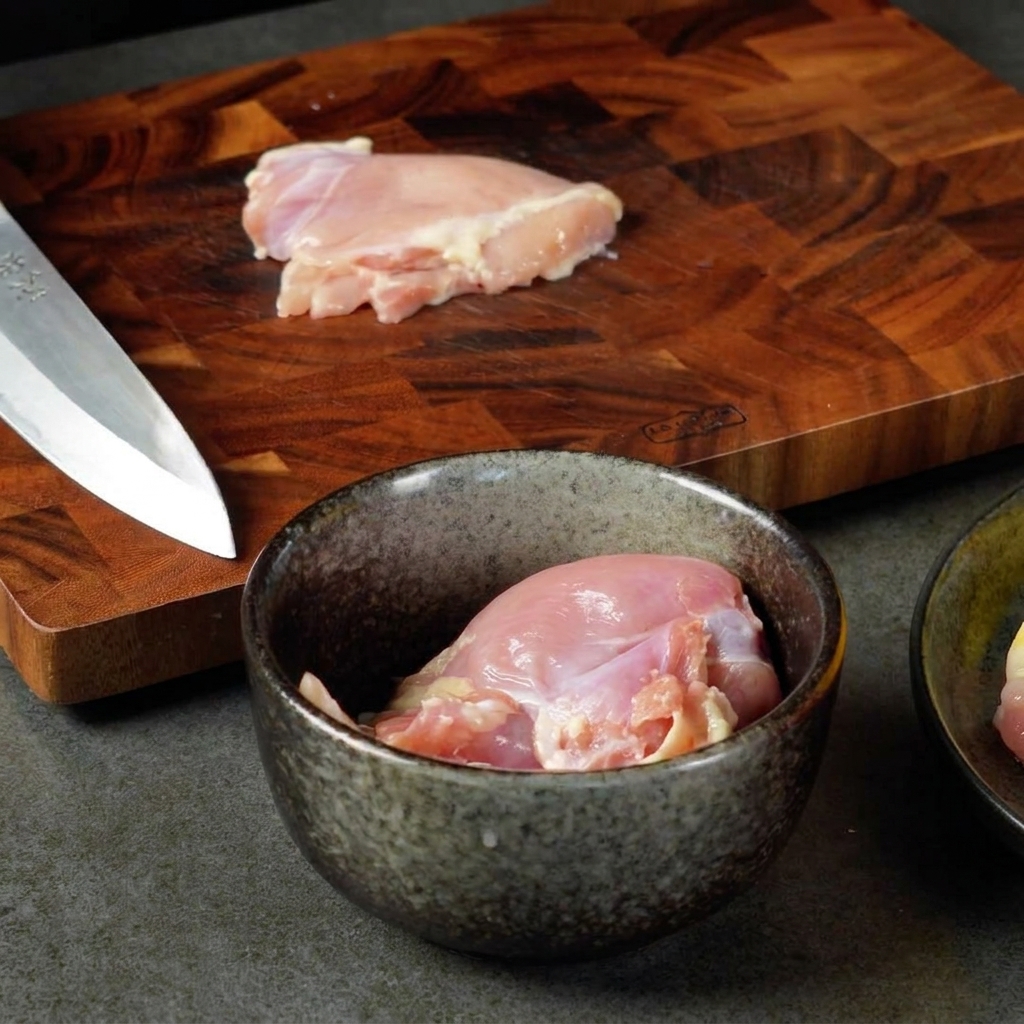 Un coltello che taglia un pezzo di coscia di pollo cruda su un tagliere di legno accanto a una ciotola di pezzi di pollo.
