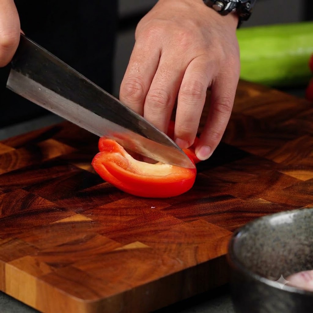 Un coltello che taglia un peperone rosso su un tagliere di legno.