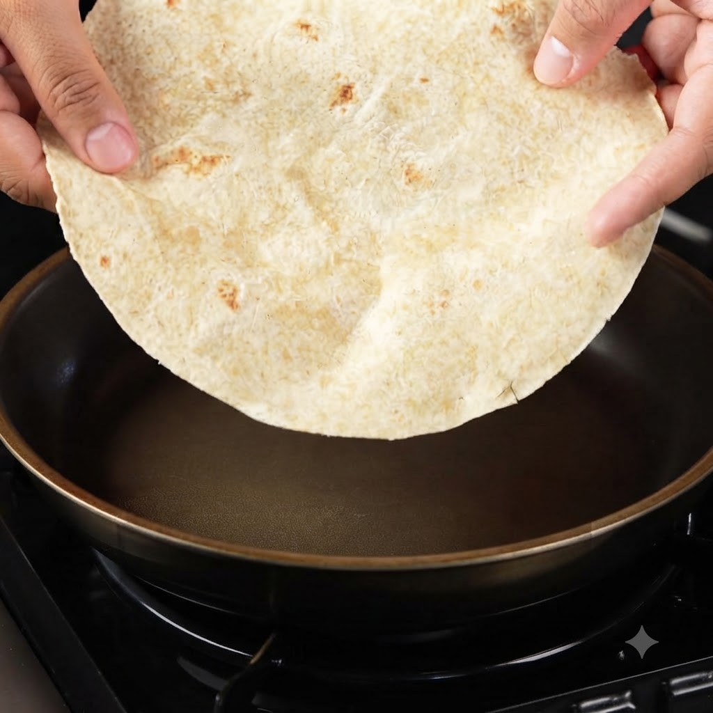 Una tortilla integrale tenuta sopra e posizionata in una padella antiaderente asciutta.