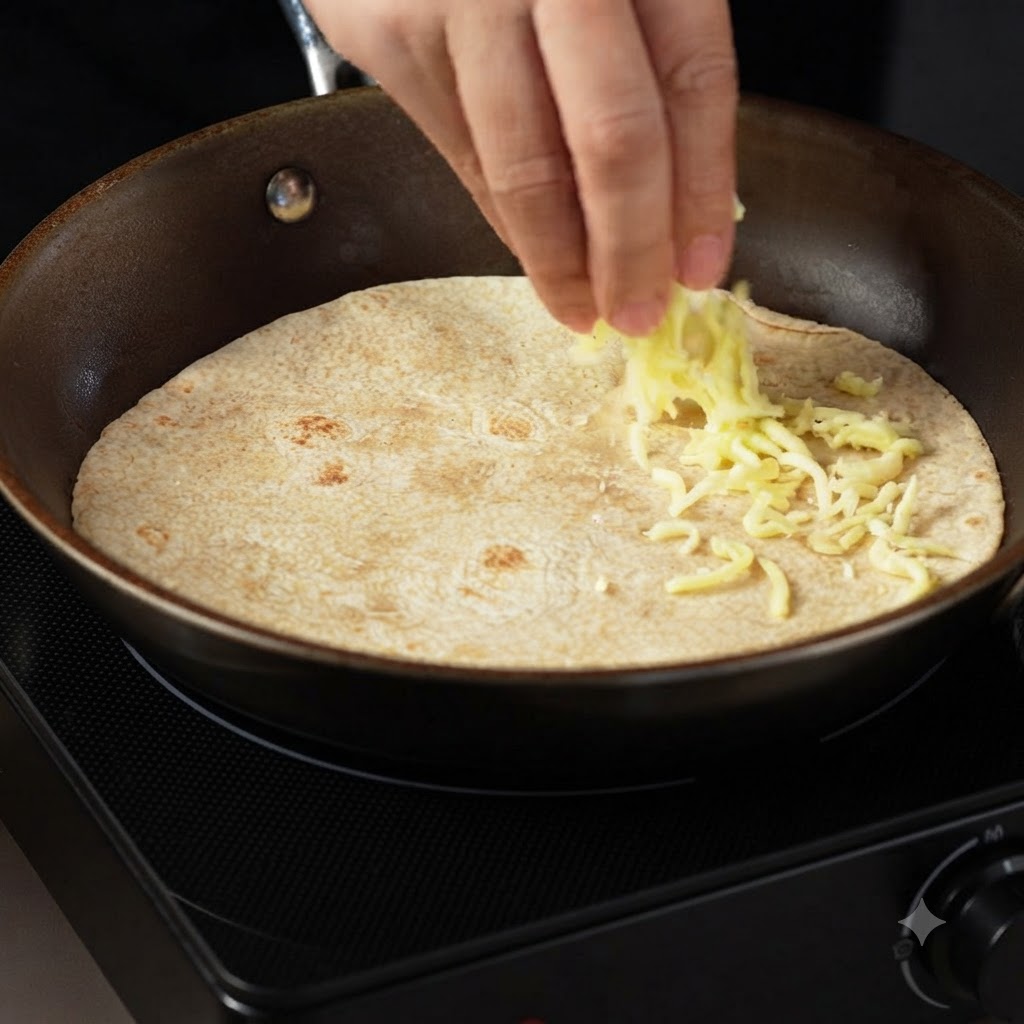 Mozzarella grattugiata sparsa su un lato della tortilla in una padella.