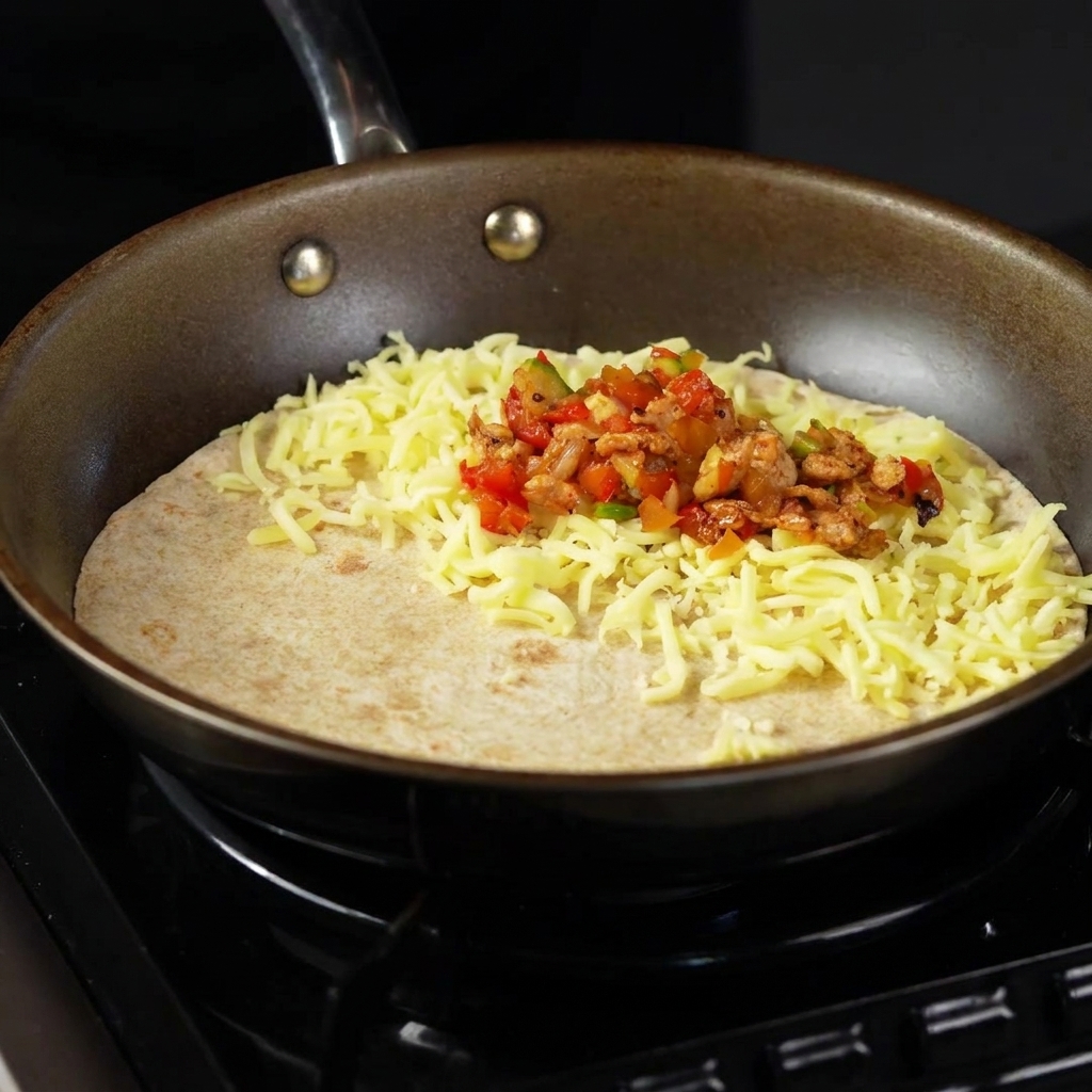 Ripieno cotto di pollo e verdure cucchiaiato sullo strato di formaggio grattugiato sulla tortilla.