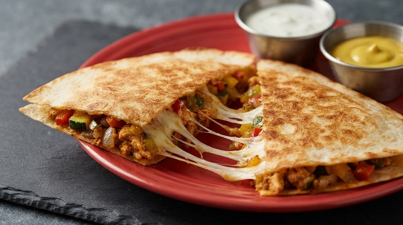 Una quesadilla messicana di pollo tagliata a fette che mostra un ricco effetto filante di mozzarella, servita su un piatto rosso vivace con salse in accompagnamento.