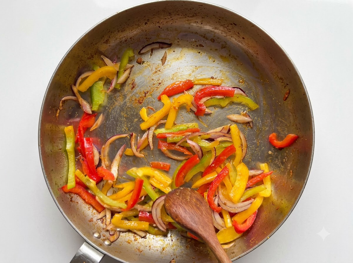 Pezzi di burro che si sciolgono in una padella contenente le verdure saltate avanzate e i fondi di cottura conditi.