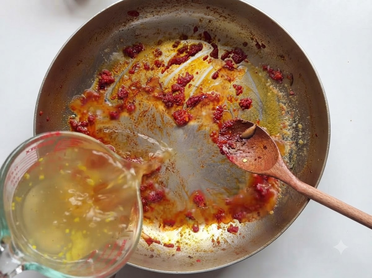 Brodo di pollo versato da un misurino in una padella con concentrato di pomodoro e spezie mentre viene mescolato con un cucchiaio di legno.