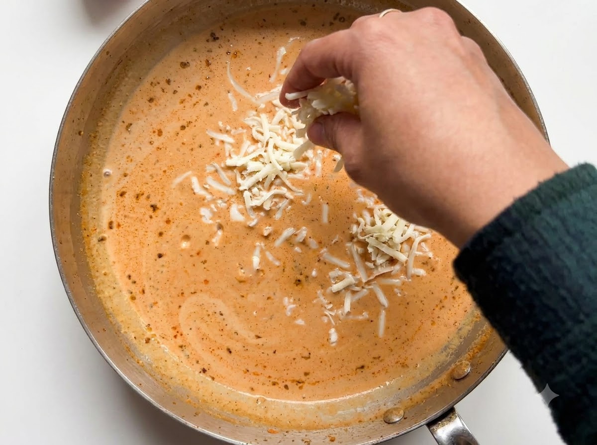 Una salsa cremosa color arancione che sobbolle in una padella di metallo con bollicine fini sulla superficie.